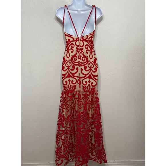 VTG B. Darlin Red Mermaid Ornate Lace Open Back Dress S Red Old Hollywood Glam - Picture 6 of 14